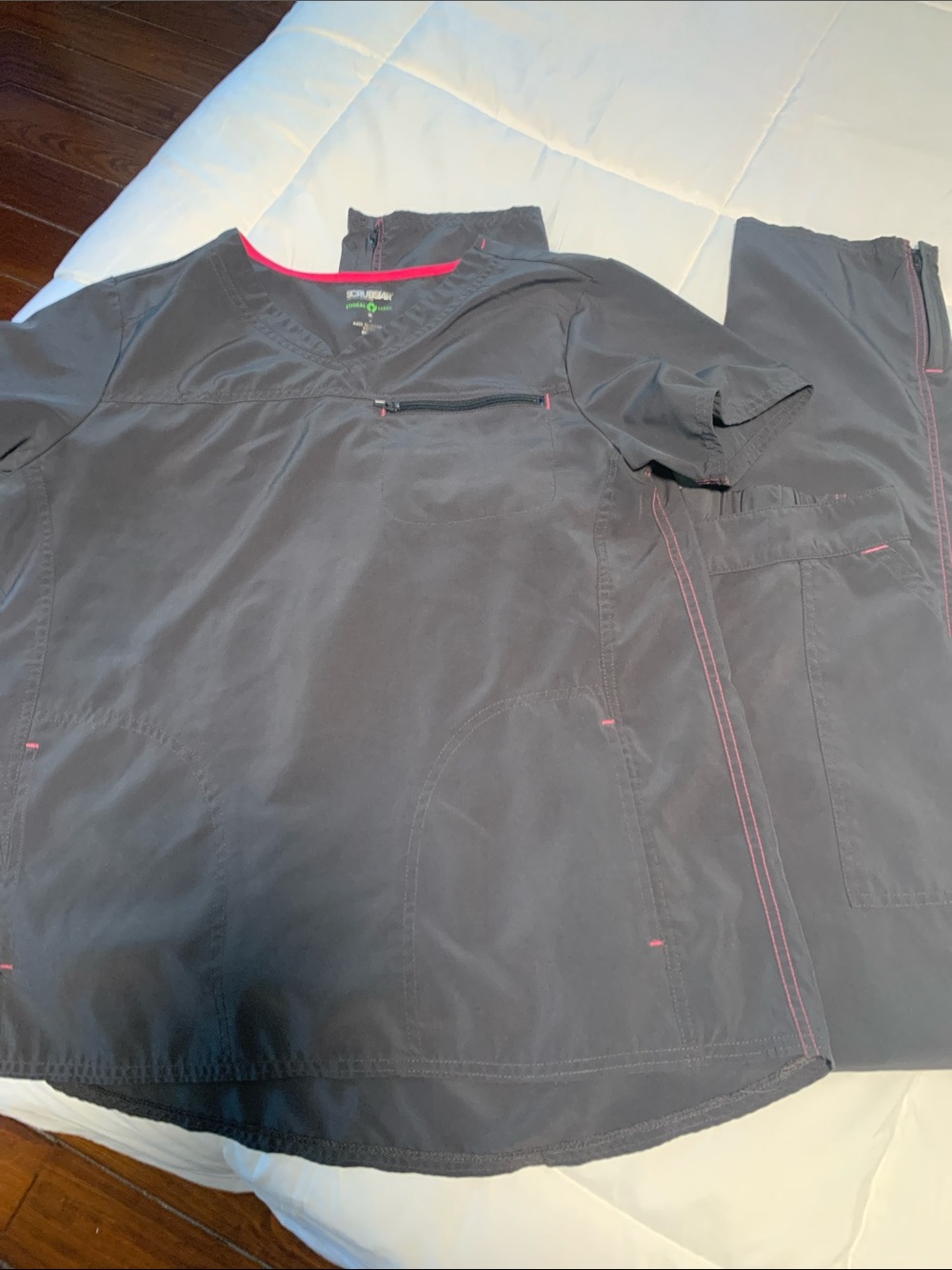Scrubstar Gray Scrub Top and bottoms with Pink Stitching
